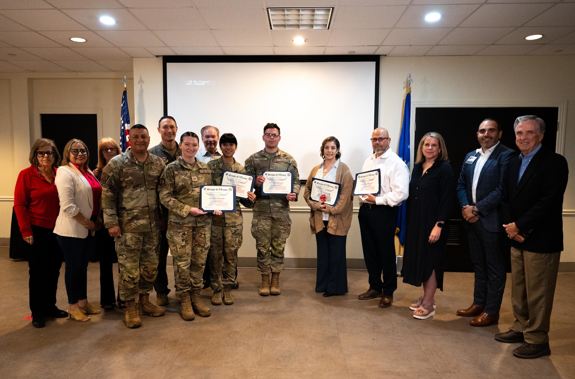 U.S. Air Force Airmen and members from the Del Rio Military Affairs Association (MAA) gather to recognize hard-working total force Airmen during Laughlin’s first Wings of XLence quarterly luncheon at Laughlin Air Force Base, April 4, 2025. The Wings of XLence luncheon is an opportunity to recognize top performers in each group and connects Team XL with local MAA to promote the connection between Laughlin and the community. (U.S. Air Force photo by Airman 1st Class Harrison Sullivan)
