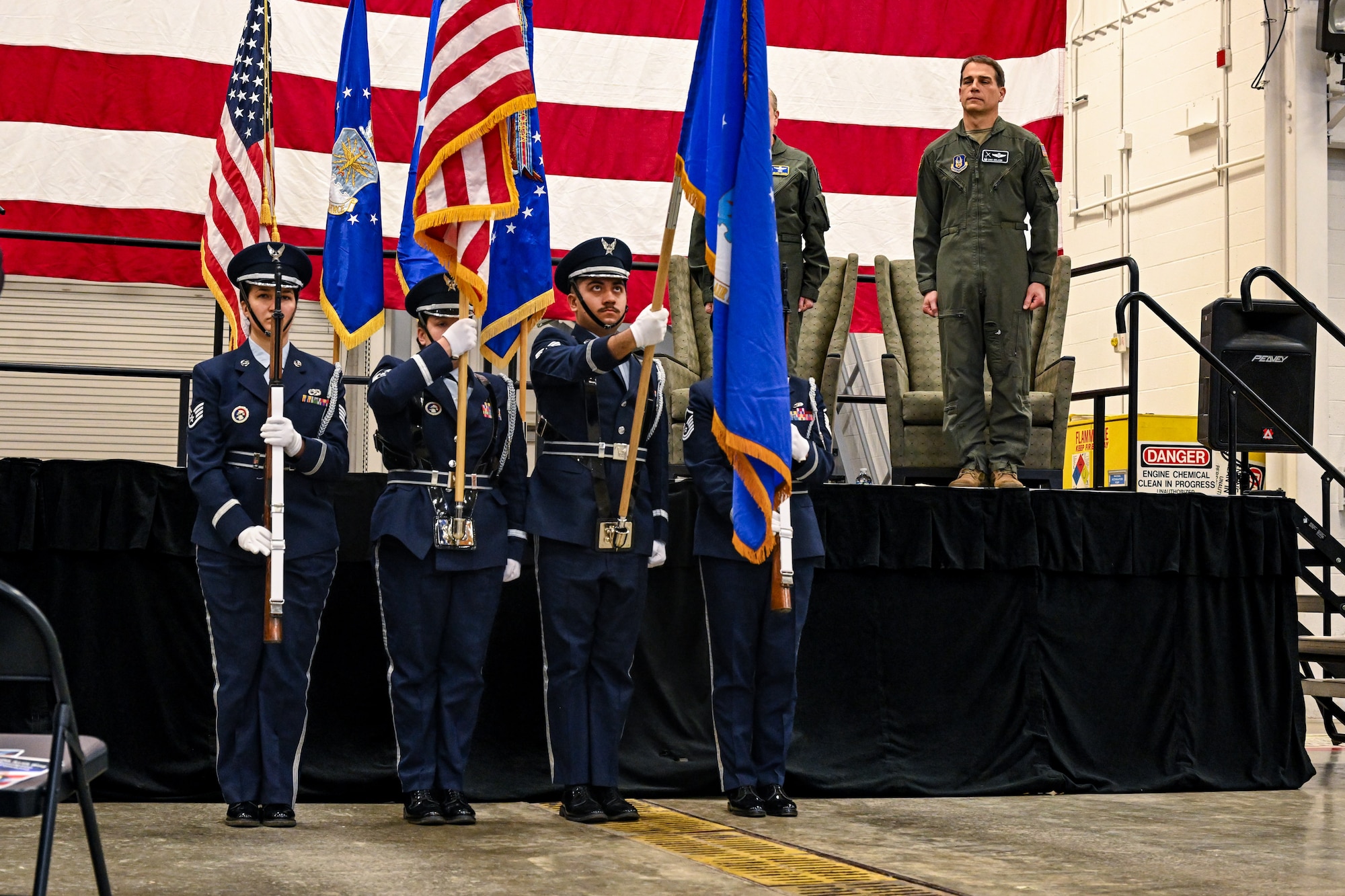 Members of the 910th Airlift Wing base color guard present colors during an assumption of command ceremony at Youngstown Air Reserve Station, Ohio, April 6, 2025.