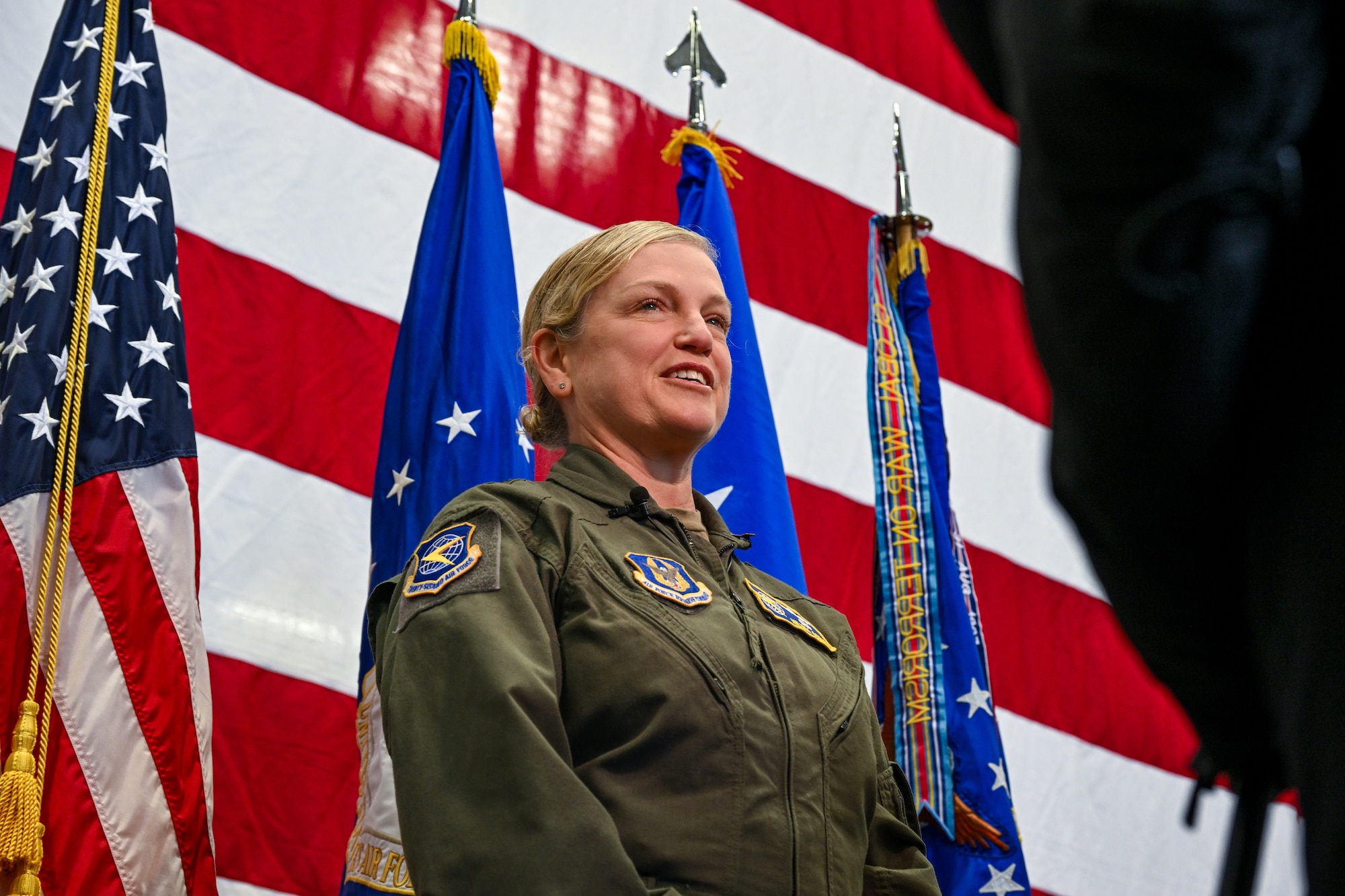 Maj. Gen. Melissa Coburn, 22nd Air Force commander, engages in media interviews after an assumption of command ceremony at Youngstown Air Reserve Station, Ohio, April 6, 2025.