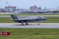 A U.S. Air Force F-35A Lightning II assigned to the 355th Expeditionary Fighter Squadron lands at Kadena Air Base, Japan, April 3, 2025.