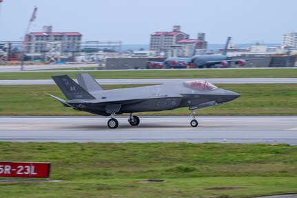 A U.S. Air Force F-35A Lightning II assigned to the 355th Expeditionary Fighter Squadron lands at Kadena Air Base, Japan, April 3, 2025.