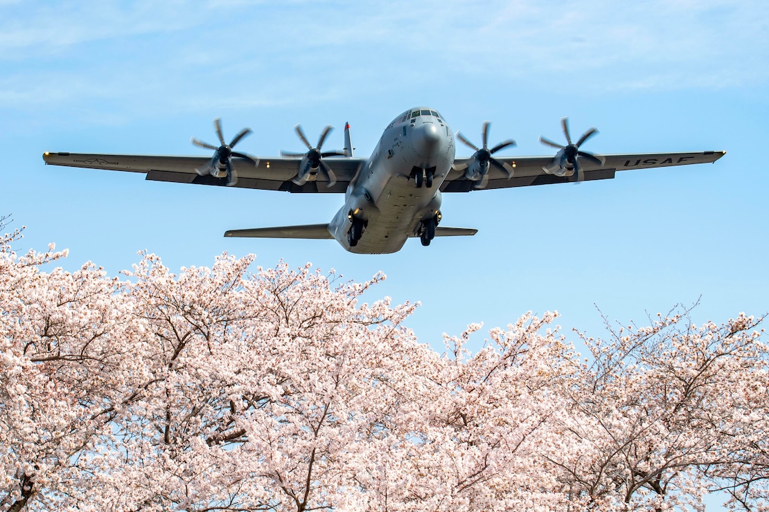 A U.S. Air Force C-130J Super Hercules aircraft assigned to the 36th Airlift Squadron flies over Yokota Air Base, Japan, during a training mission, April 8, 2025.