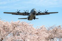 A U.S. Air Force C-130J Super Hercules aircraft assigned to the 36th Airlift Squadron flies over Yokota Air Base, Japan, during a training mission, April 8, 2025.