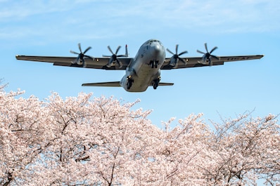 YOKOTA AIR BASE, Japan (April 8, 2025) — A U.S. Air Force C-130J Super Hercules aircraft assigned to the 36th Airlift Squadron flies over Yokota Air Base, Japan, during a training mission, April 8, 2025. The avenue opens for public viewing every...