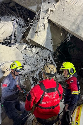 U.S. Indo-Pacific Command military personnel work alongside Thai military and first responders near the collapsed State Audit Office building in Bangkok, which fell after a 7.7 magnitude earthquake affected Thailand and its neighboring countries on March 28, 2025.