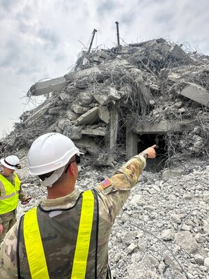 Members of a U.S. military Joint Engineer Response team assess damage and structural integrity after a 7.7 magnitude earthquake affected Thailand and its neighbor countries on March 28, 2025.