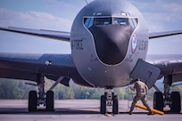 A U.S. Air National Guard Airmen assigned to the 134th Operations Group begin to set the chocks on a KC-135 Stratotanker following an alert response during a Nuclear Operational Readiness Exercise at McGhee Tyson Air National Guard Base, Knoxville, Tennessee.