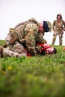 U.S. Air National Guard Master Sgt. Bryan Wright from the 134th Security Forces Squadron instructs a suspect during a perimeter breach exercise on McGhee Tyson Air National Guard Base, Tennessee on April 6, 2025.