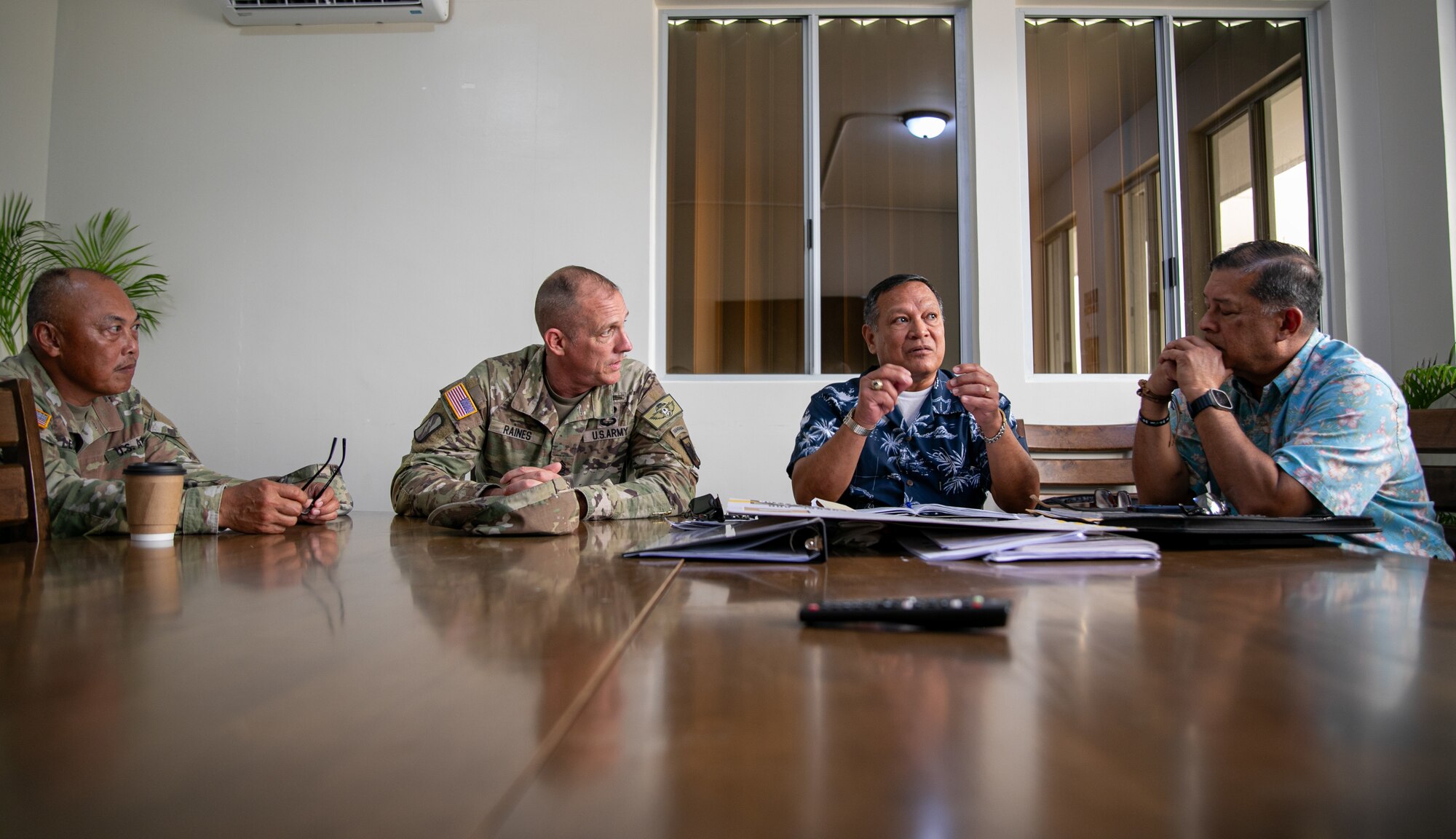 From left, Command Sgt. Maj. Celso Leonen, Guam National Guard’s command senior enlisted leader; Senior Enlisted Advisor John Raines, SEA to the chief, National Guard Bureau; Edward Camacho, special assistant to the Commonwealth of the Northern Mariana Islands governor for military affairs; and Harry Blanco, the CNMI, field representative under the Office of Insular Affairs, conduct a leader engagement at Saipan’s Department of Military Affairs, April 3, 2025.