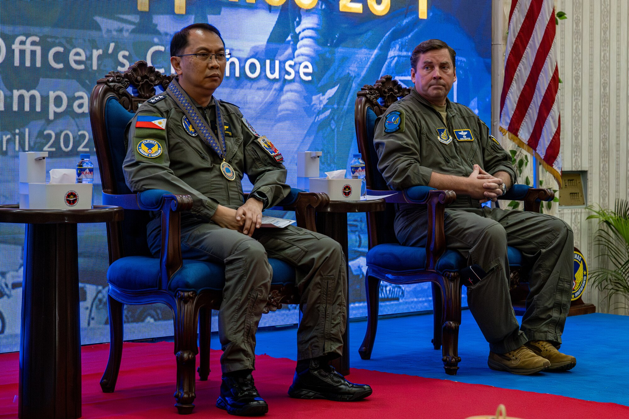 Philippine Air Force (PAF) Lt. Gen. Arthur Cordura, PAF commanding general, sits next to U.S. Air Force Maj. Gen. Chris Sheppard, Air National Guard assistant to the Commander, Pacific Air Forces during the opening ceremony of exercise Cope Thunder