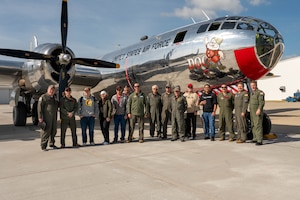 Airmen from the 54th Air Refueling Squadron (ARS) and the 56th ARS join ‘Doc’s Friends’ and 97th Air Mobility Wing annual award winners for a flight on the B-29 Superfortress ‘Doc’ in Wichita, Kansas, April 2, 2025. Doc is one of only two B-29s that are still in flight. (U.S. Air Force photo by Senior Airman Kari Degraffenreed)