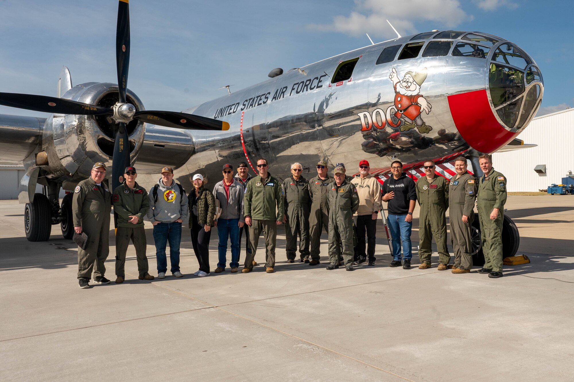 Airmen from the 54th Air Refueling Squadron (ARS) and the 56th ARS join ‘Doc’s Friends’ and 97th Air Mobility Wing annual award winners for a flight on the B-29 Superfortress ‘Doc’ in Wichita, Kansas, April 2, 2025. Doc is one of only two B-29s that are still in flight. (U.S. Air Force photo by Senior Airman Kari Degraffenreed)