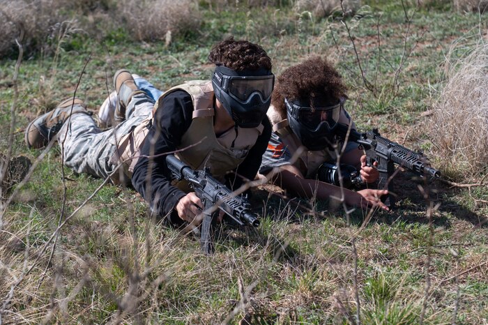 Central High School Air Force Junior ROTC cadets lay prone in anticipation of a simulated firefight during a field training exercise at Goodfellow Air Force Base, Texas, March 7, 2025. The cadets prepared to participate in scenarios designed to increase their decision-making skills under pressure. (U.S. Air Force photo by Airman 1st Class James Salellas)