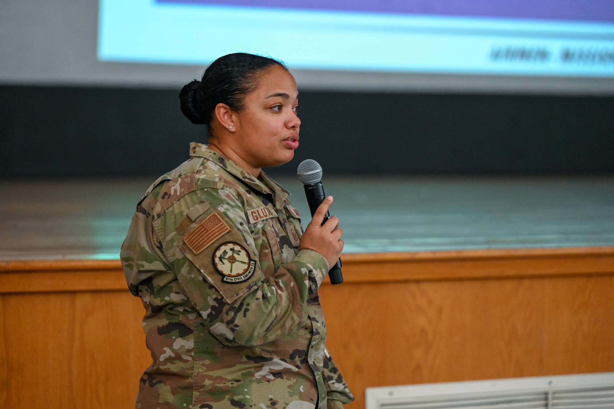 U.S. Air Force Master Sgt. Jessica Gluth, 97th Civil Engineer Squadron emergency management superintendent, gives a briefing on how to stay proactive and aware during severe weather season at Altus Air Force Base (AFB), Oklahoma, March 20, 2025. The briefing prepared personnel for the Altus Airpower Stampede Open House and Air Show. (U.S. Air Force photo by Airman 1st Class Nathan Langston)