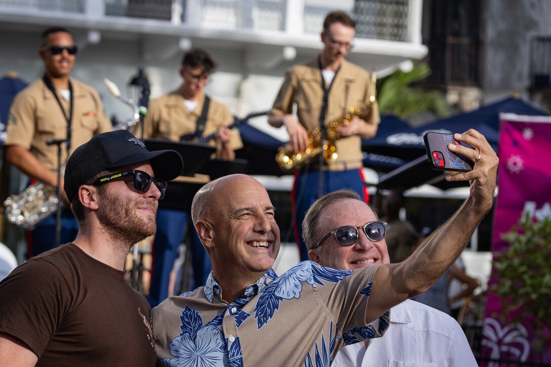 Mayer Mizrachi, the Mayor of Panama City, attends a performance by the Marine Forces Reserve Band at the Town Square of Casco Antiguo, Panama, April 6, 2025. The Marine Forces Reserve Band will be performing throughout the week in support of expanded partnership between the U.S. and Panama. (U.S. Marine Corps photo by Lance Cpl. Van Hoang)