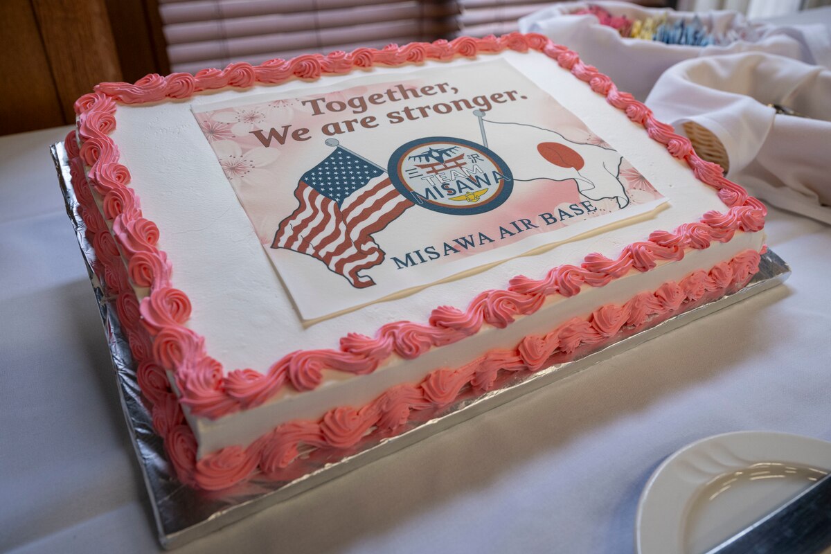 A cake sits on a table during the Mayor’s Room Grand Opening Ceremony at Misawa Air Base, Japan, April 4, 2025.