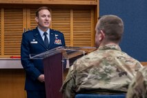 U.S. Air Force Col. Paul Davidson, 35th Fighter Wing (FW) commander, delivers opening remarks during the Mayor’s Room Grand Opening Ceremony at Misawa Air Base, Japan, April 4, 2025.