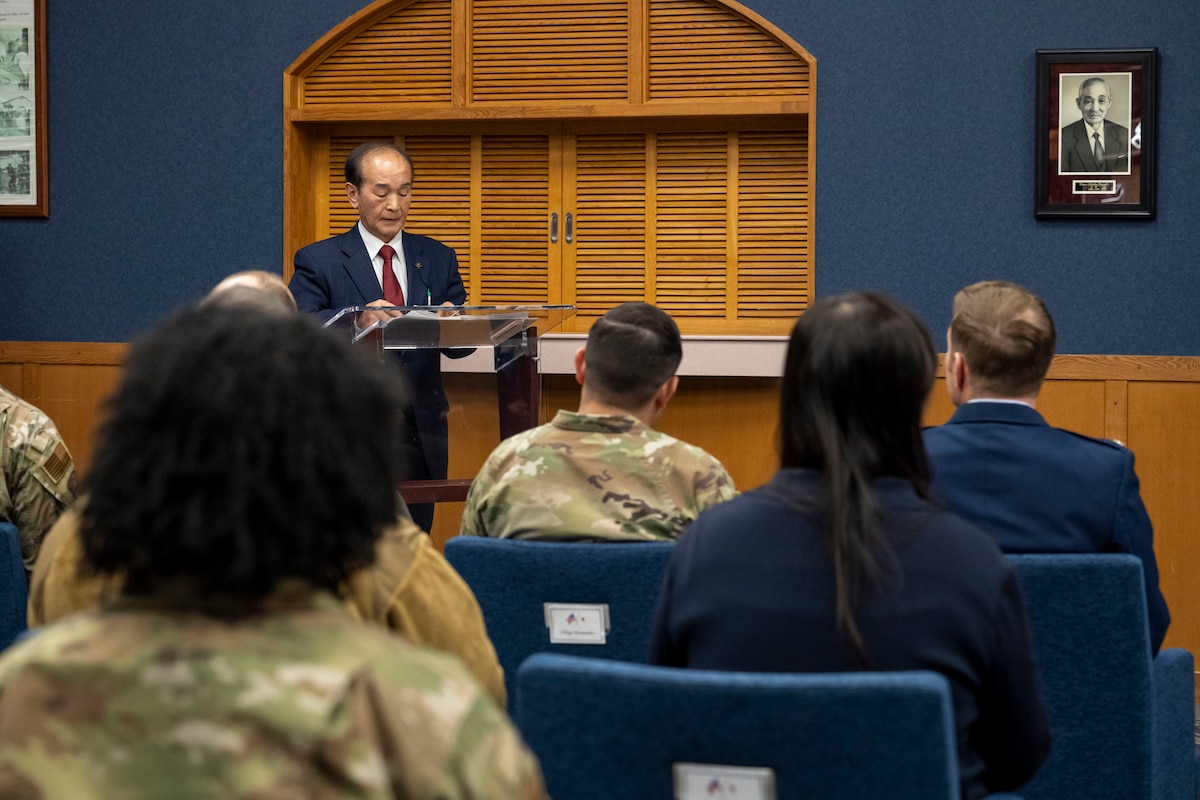 Yoshinori Kohiyama, Misawa City mayor, delivers a speech during the Mayor’s Room Grand Opening Ceremony at Misawa Air Base, Japan, April 4, 2025