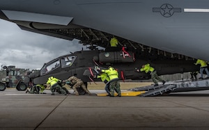 U.S. Air Force loadmasters assigned to the 6th Airlift Squadron offload an AH-64 Apache helicopter assigned to the Royal Netherlands Air Force from a C-17 Globemaster III aircraft at an undisclosed location, no date. The mission was part of a broader effort supporting combatant command requirements around the globe, reflecting the 6th AS’s ability to rapidly deliver combat ready assets. These operations reinforce the squadron’s vital role in providing maneuver and sustainment for the Joint Force. (Royal Netherlands Air Force courtesy photo)