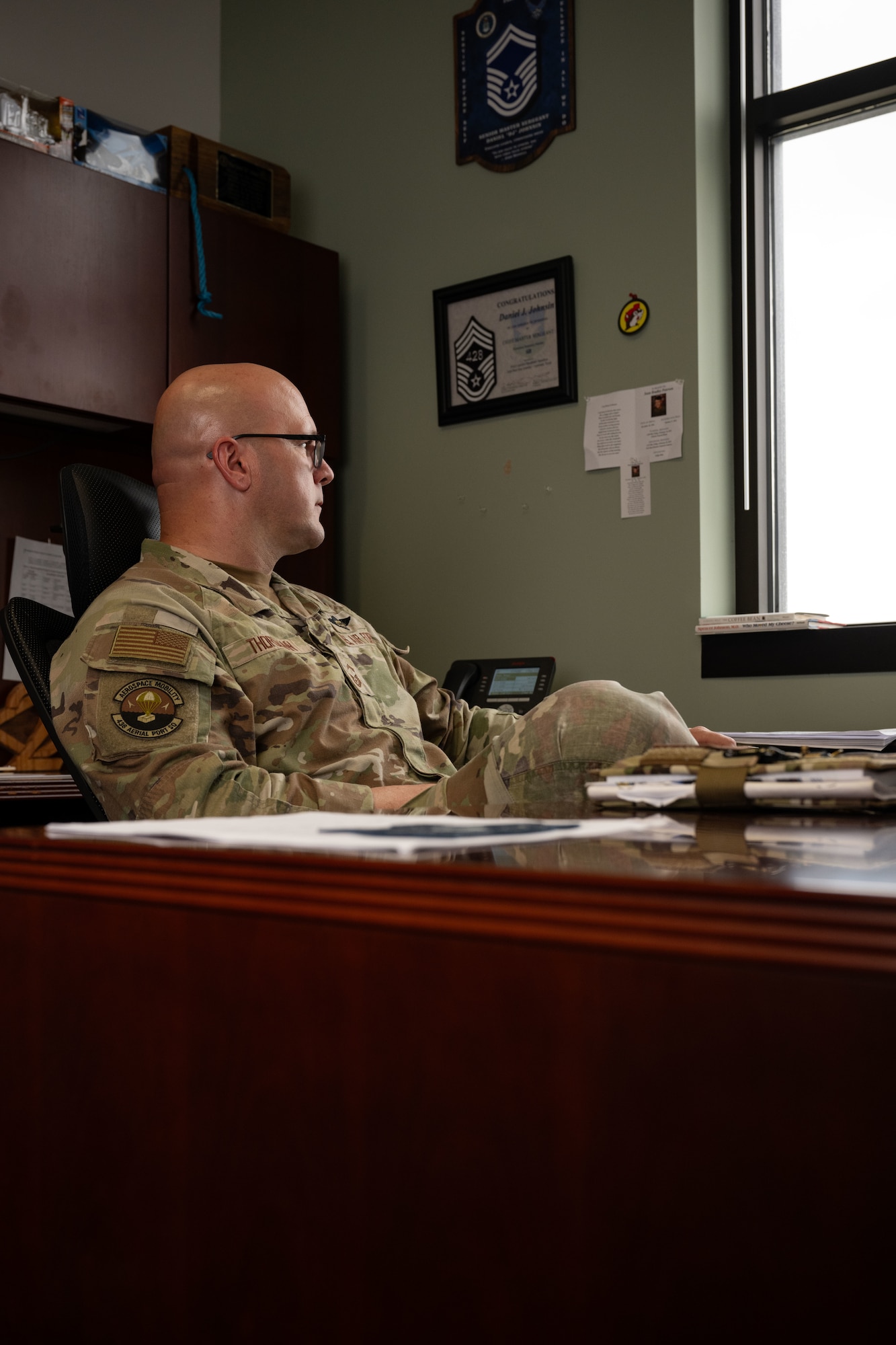 U.S. Air Force Senior Master Sgt. John Thormann, 436th Aerial Port Squadron Air Freight superintendent, poses for a portrait at Dover Air Force Base, Delaware, April 4, 2025. As part of a collection of stories, four senior noncommissioned officers offered their advice and wisdom on how they excelled in their positions. (U.S. Air Force photo by Airman 1st Class Liberty Matthews)