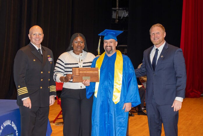 Norfolk Naval Shipyard (NNSY) Shop 41 Boilermaker Brent Davis graduated from the Apprenticeship Program Nov. 7, 2024. He was recognized as the Code 930 Mechanical Group Outstanding Apprentice by the NNSY Chapter of the National Association of Superintendents (NAS).