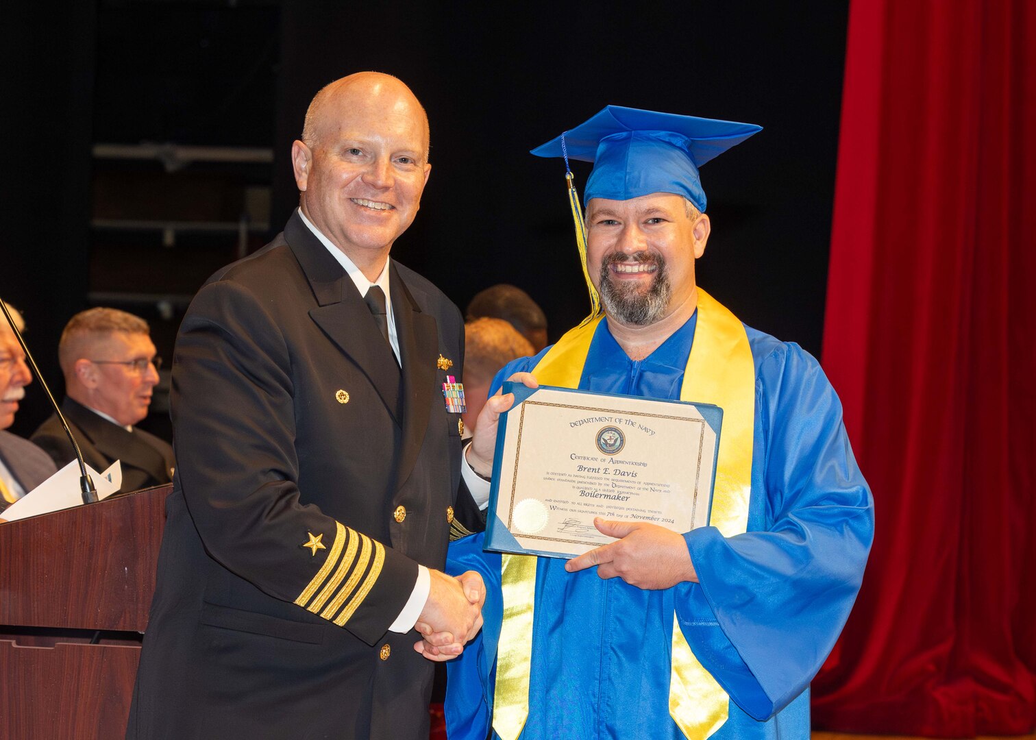 Norfolk Naval Shipyard (NNSY) Shop 41 Boilermaker Brent Davis graduated from the Apprenticeship Program Nov. 7, 2024. He was recognized as the Code 930 Mechanical Group Outstanding Apprentice by the NNSY Chapter of the National Association of Superintendents (NAS).