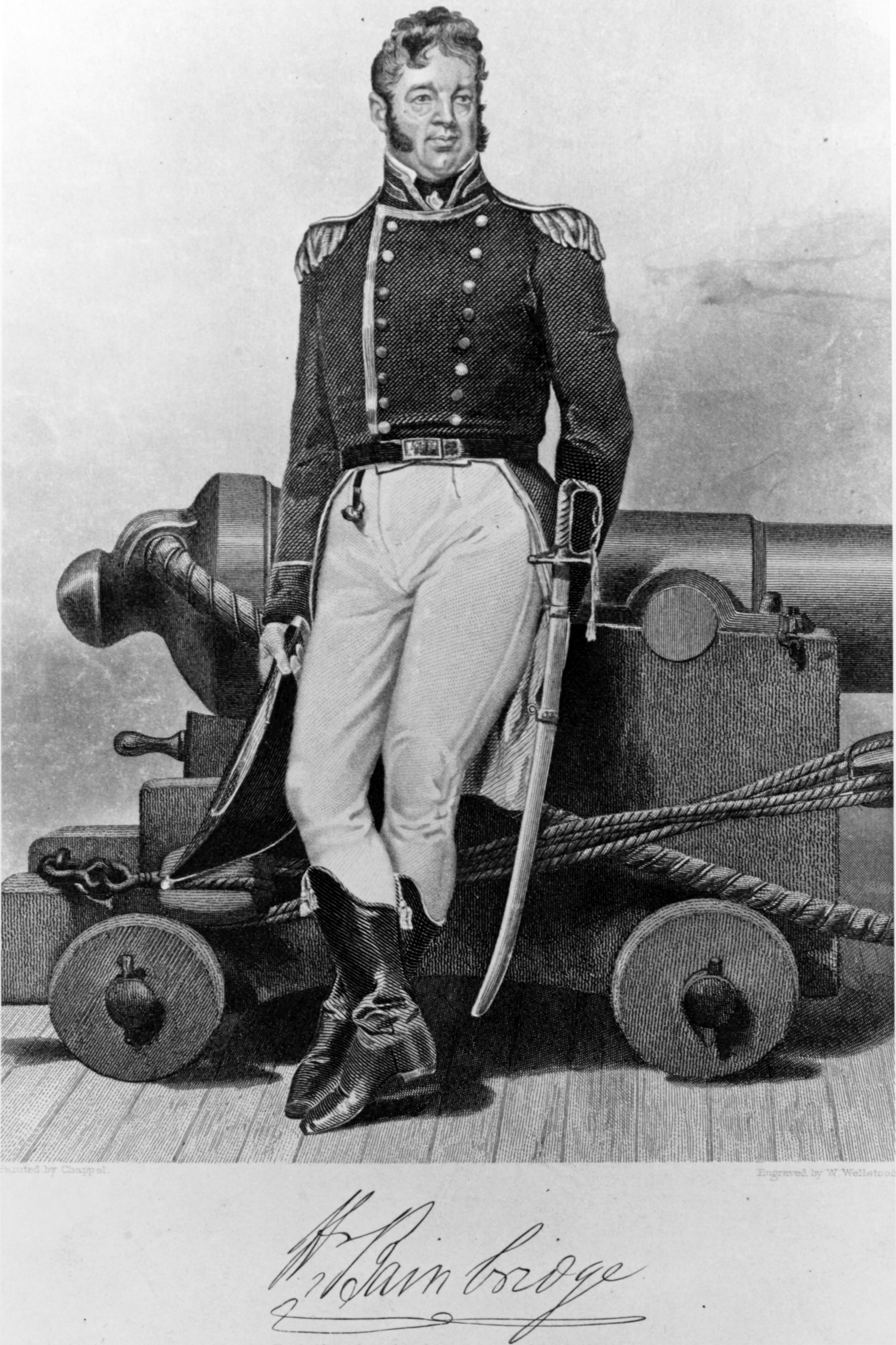 A black and white drawing depicts a sailor leaning next to a cannon.