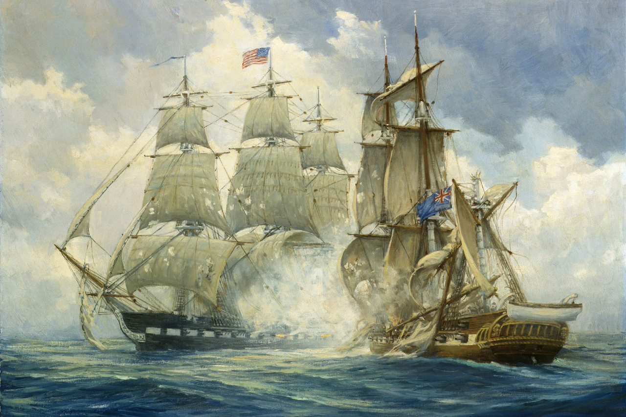 A painting shows an old ship defeating another old ship at sea.