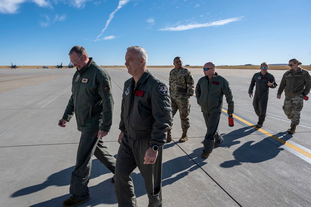U.S. Air Force Lt. Gen. Luke Ahmann, Continental U.S. North American Aerospace Defense Command Region and 1st Air Force commander (U.S. Air Forces Northern and U.S. Air Forces Space) (left) talks with 140th Wing Commander U.S. Air Force Col. Jeremiah Tucker following a visit with the 140th Wing alert team at Buckley Space Force Base, Aurora, Colorado, Oct. 31, 2024.