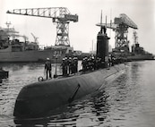 USS Skate (SSN 578) arrives at Norfolk Naval Shipyard on April 28, 1965.