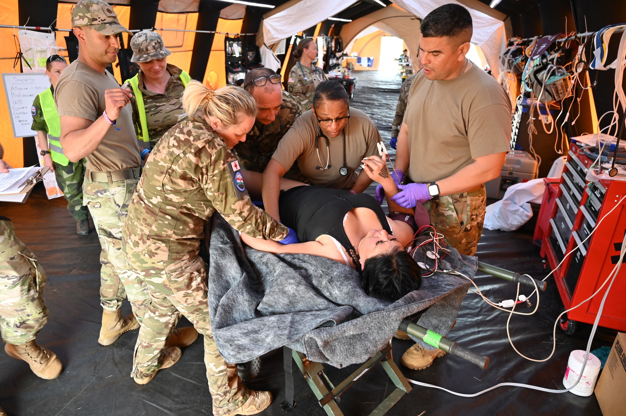 U.S. Air Force medical personnel from the 140th Medical Group Detachment 1 working together with Slovenian medical personnel treat a simulated casualty during Exercises Clean Care and Vigorous Warrior 2024 at the Bakony Combat Training Center in Hungary. The exercises combined chemical, biological, radiological, and nuclear defense with military medical care to train 1,600 soldiers from 35 NATO ally and partner nations April 28 to May 9. (U.S. Army photo by Troy Darr)