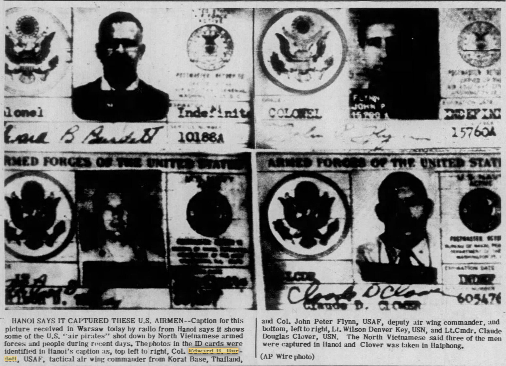 A copy of Colonel Edward B. Burdett’s ID card was released by Hanoi to news media along with three other American aircrew in late November, 1967.  This example was carried on page 2 of the Guam Daily News (Agana Heights, Guam) on Monday, November 27, 1967.  (Posted by THR on the Find a Grave website)