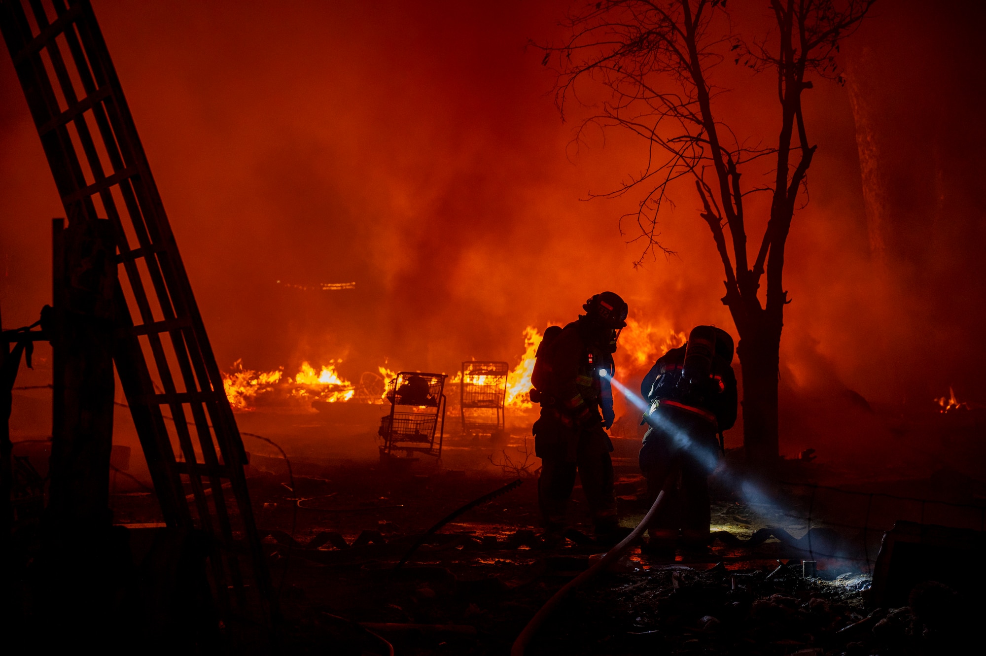 Firefighters from the 812th Civil Engineer Squadron, 412th Test Wing, out of Edwards Air Force Base, California, responded to an off-base mutual-aid request to nearby Rosamond. Upon arriving, Edwards Fire and Emergency Services worked with Kern County firefighters to put extinguish the flames and prevented further damage to nearby private property.