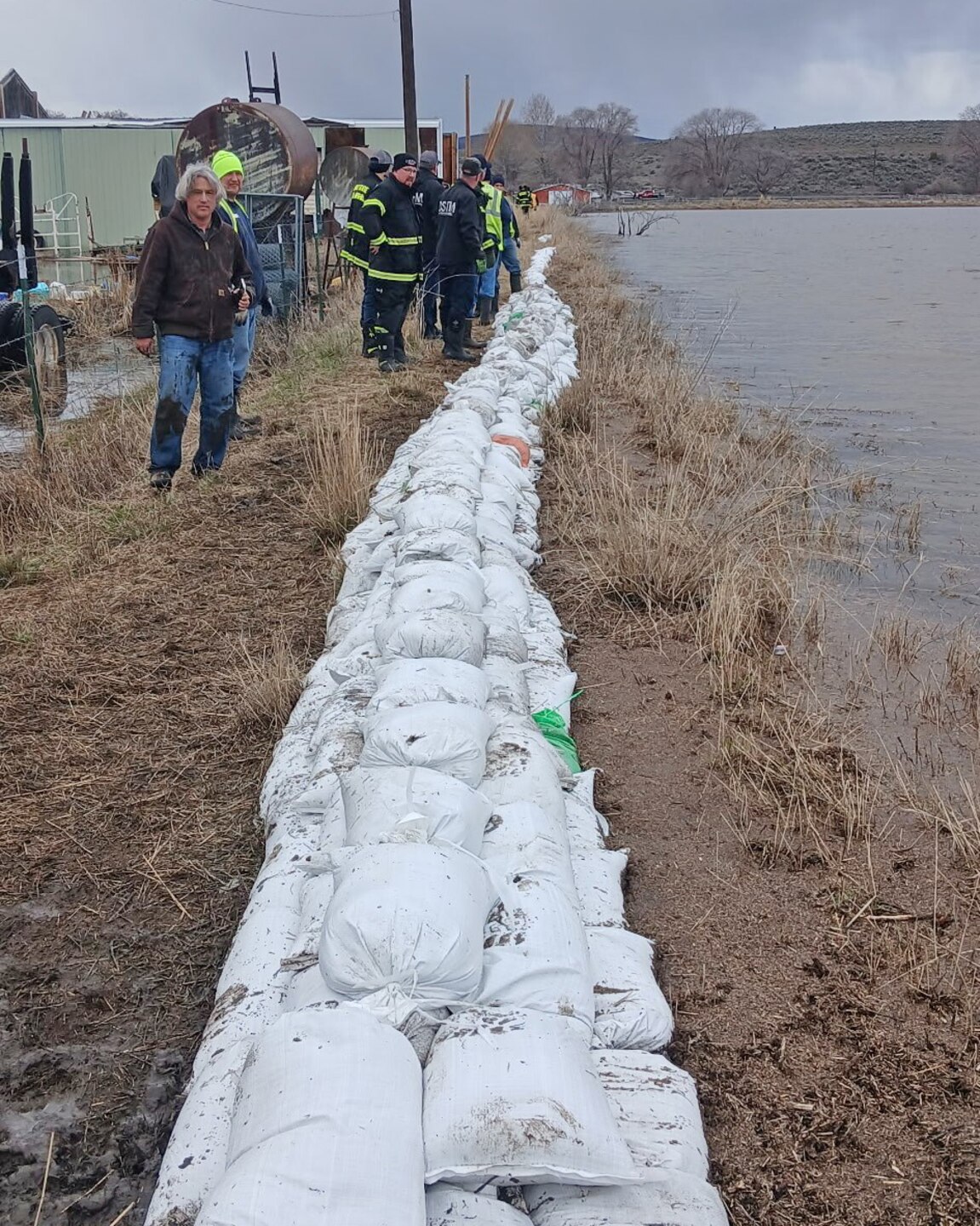 People looking at sandbags that are places on the ground next to water