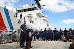 Coast Guard Vice Adm. Nathan Moore, Atlantic Area commander, speaks at a press conference in Port Everglades, April 9, 2025. The crew of U.S. Coast Guard Cutter James offloaded more than 44,550 pounds of cocaine and 3,880 pounds of marijuana valued at approximately $509.9 million intercepted in the international waters of the Eastern Pacific Ocean. (Coast Guard photo by Petty Officer 3rd Class Jessica Walker)