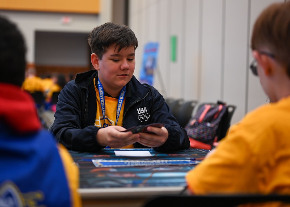 San Angelo Independent School District students play the CyberThreat Protector cybersecurity card game during the Fourth Annual Youth Cybersecurity Workshop and Expo at Houston Harte University Center, Angelo State University, San Angelo, Texas, April 4, 2025. The event brought together students of all ages to engage in hands-on activities and sessions led by cybersecurity professionals. (U.S. Air Force photo by Senior Airman Evelyn J. D’Errico)