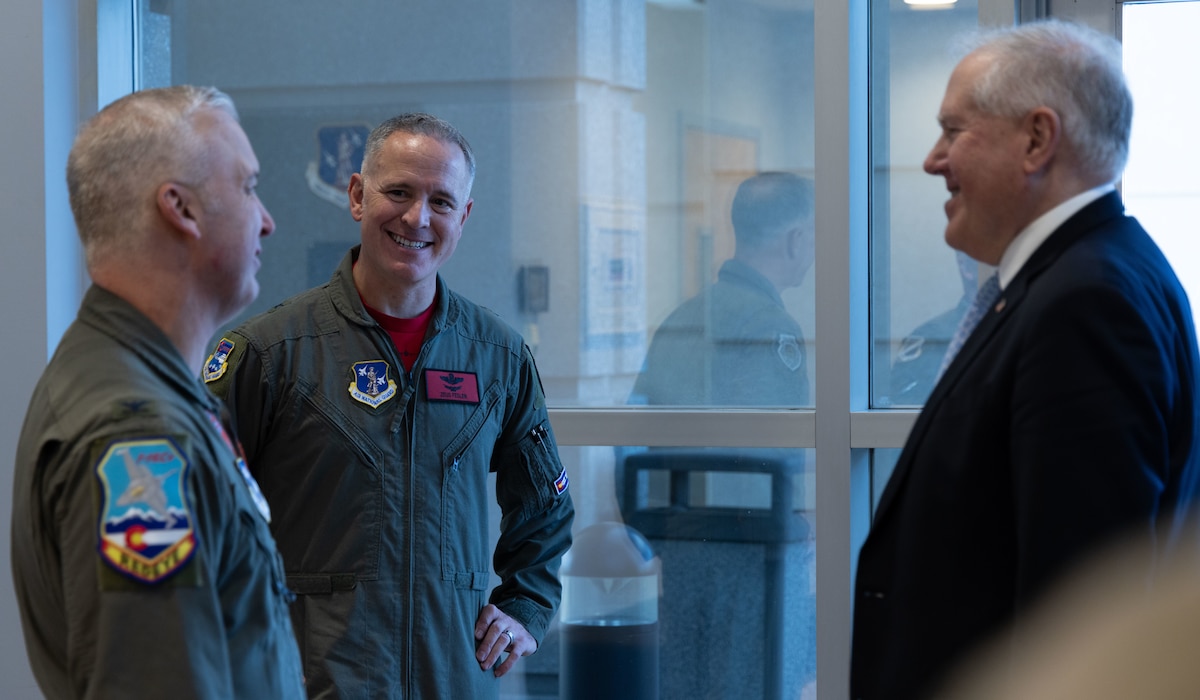 Secretary of the Air Force Frank Kendall meets with U.S. Air Force Brig. Gen. D. Micah Fesler Assistant Adjutant General - Air, and U.S. Air Force Col. Jeremiah Tucker, 140th Wing Commander, Buckley Space Force Base, Colo., Nov 3, 2023.