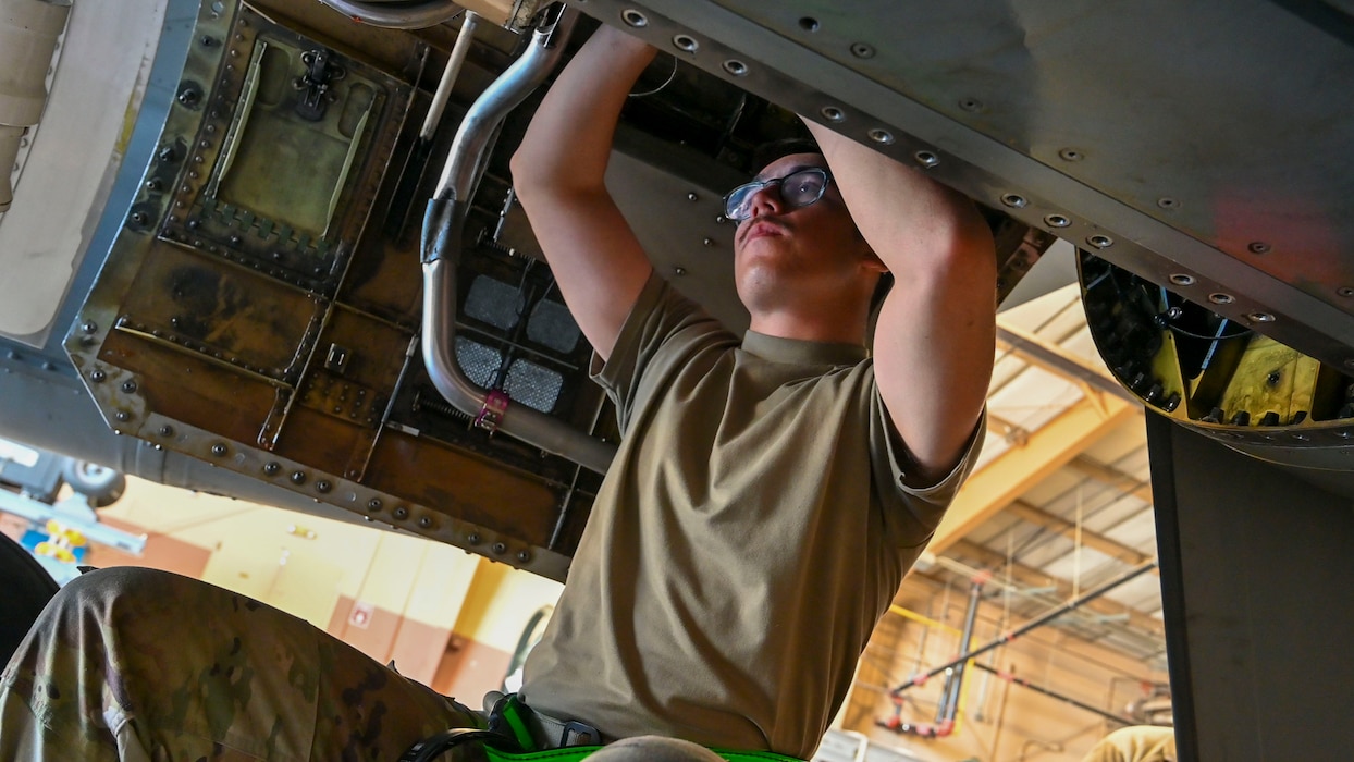 U.S. Air Force Senior Airman Joshua Hernandez, aircraft maintenance technician, 140th Wing, Colorado Air National Guard, performs maintenance on an aircraft on the first day of Red Flag at Nellis Air Force Base, Las Vegas, Nevada March 10, 2025.