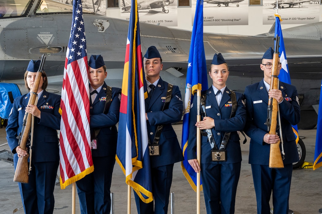 U.S. Air Force Airmen apart of the 140th Wing Colorado Air National Guard color guard present the colors during Maj. Gen. Floyd W. Dunstan’s retirement ceremony at Buckley Space Force Base, Aurora, Colo., August 3, 2024.