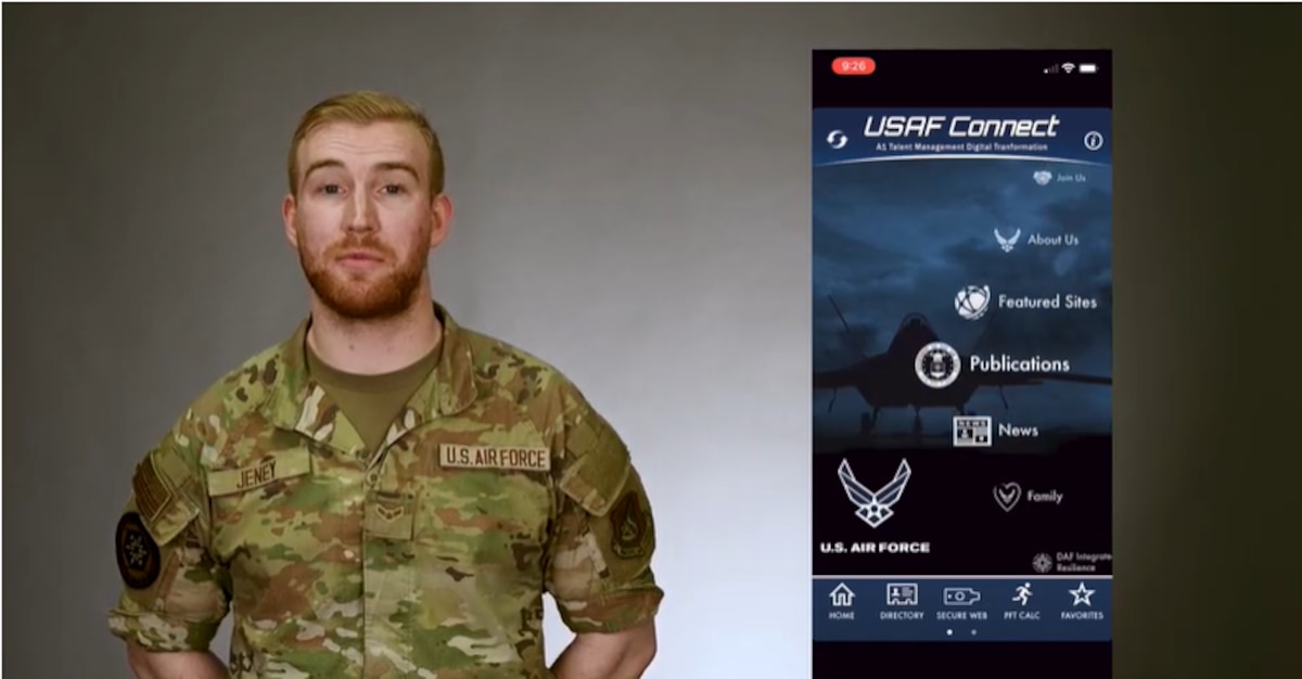 U.S. Air Force Airman 1st Class Carson Jeney, 354th Fighter Wing Public Affairs specialist, highlights the benefits of the AF Connect app at Eielson Air Force Base, Alaska, April 9, 2025.