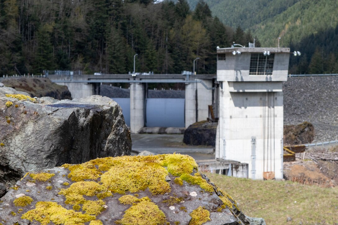 Photo of Howard A. Hanson Dam, a U.S. Army Corps of Engineers dam, located near the headwaters of the Green River in King County. The dam is an earth and rockfill structure with inclined core drain and filters. Outlet works on the left bank consist of an approach channel, an intake structure providing upstream control, a 19-foot diameter horseshoe concrete-lined tunnel, a stilling basin, and an auxiliary 48-inch diameter bypass pipe.