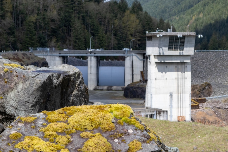 Photo of Howard A. Hanson Dam, a U.S. Army Corps of Engineers dam, located near the headwaters of the Green River in King County. The dam is an earth and rockfill structure with inclined core drain and filters. Outlet works on the left bank consist of an approach channel, an intake structure providing upstream control, a 19-foot diameter horseshoe concrete-lined tunnel, a stilling basin, and an auxiliary 48-inch diameter bypass pipe.