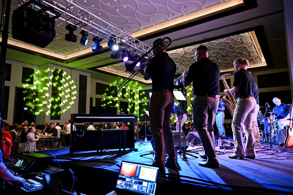 U.S. Air Forces in Europe and Air Forces Africa Band members from the “Touch N’ Go” ensemble perform during a VIP reception in Adana, Türkiye, April 4, 2025. The performance was part of a weeklong tour supporting the city’s annual Orange Blossom Carnaval and aimed at strengthening ties between the United States and its NATO Ally through cultural engagement. The reception, hosted by the U.S. State Department, brought together international diplomats, local officials, and community leaders. (U.S. Air Force photo by Master Sgt. Siuta Ika)