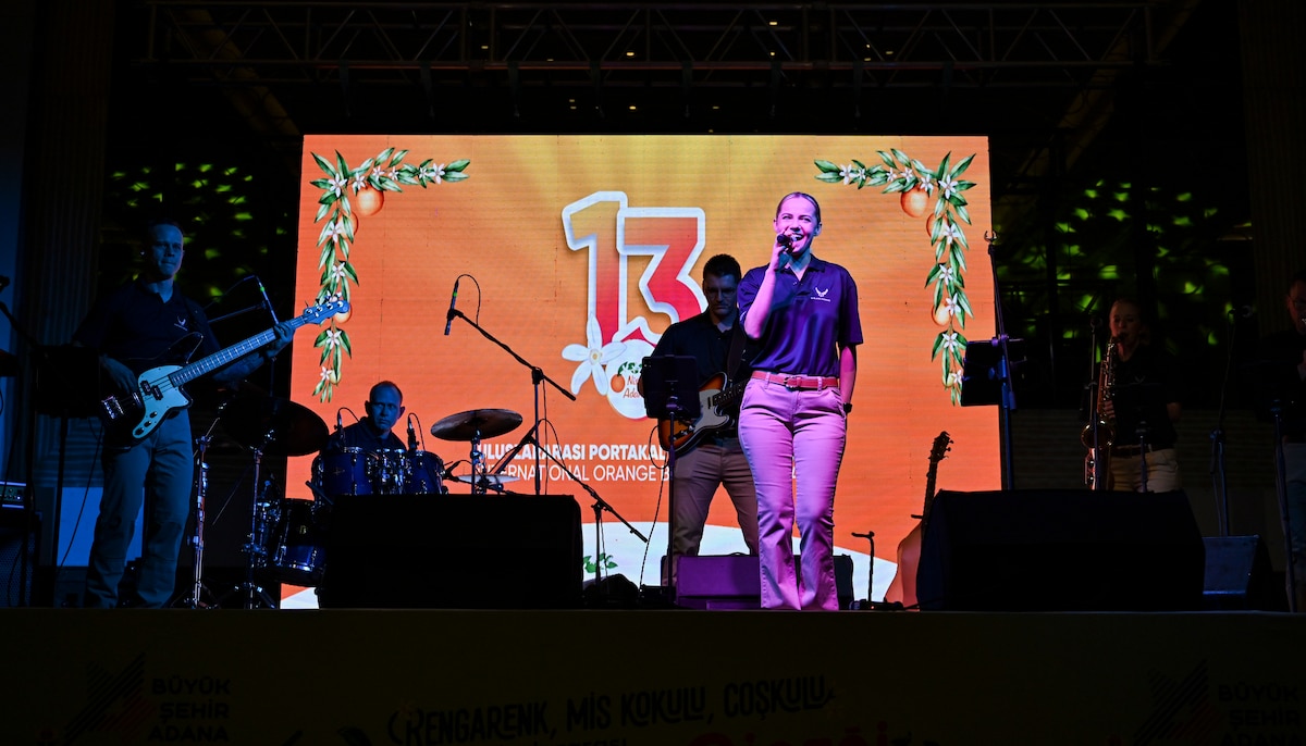 U.S. Air Forces in Europe and Air Forces Africa Band members from the “Touch N’ Go” ensemble perform during a VIP reception in Adana, Türkiye, April 4, 2025. The performance was part of a weeklong tour supporting the city’s annual Orange Blossom Carnaval and aimed at strengthening ties between the United States and its NATO Ally through cultural engagement. The reception, hosted by the U.S. State Department, brought together international diplomats, local officials, and community leaders. (U.S. Air Force photo by Master Sgt. Siuta Ika)