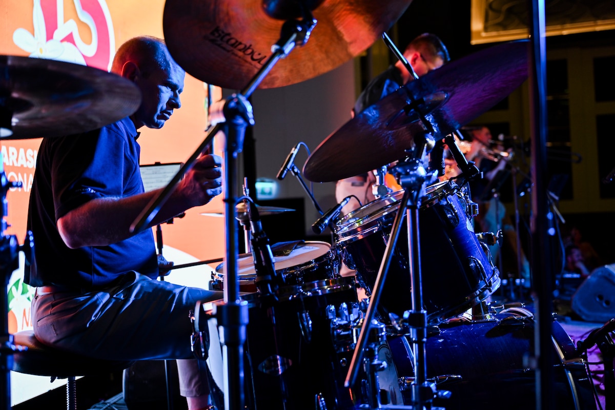U.S. Air Force Staff Sgt. Daniel Dyar, drummer with the U.S. Air Forces in Europe and Air Forces Africa Band’s “Touch N’ Go” ensemble, performs during a VIP reception in Adana, Türkiye, April 4, 2025. The event, hosted by the U.S. State Department, brought together international diplomats, local officials, and community leaders to celebrate the opening of the Orange Blossom Carnaval. The performance kicked off a weeklong tour aimed at strengthening ties between the United States and its NATO Ally through cultural engagement. (U.S. Air Force photo by Master Sgt. Siuta Ika)