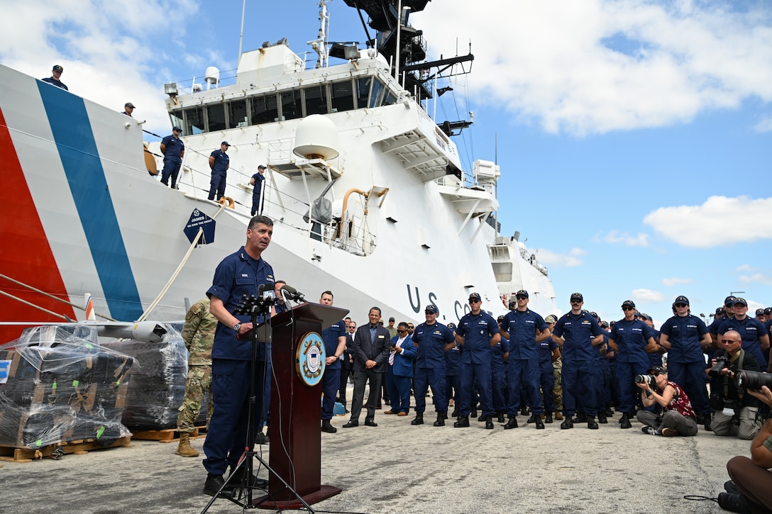 Coast Guard Vice Adm. Nathan Moore, Atlantic Area commander, speaks at a press conference in Port Everglades, April 9, 2025. The crew of U.S. Coast Guard Cutter James offloaded more than 44,550 pounds of cocaine and 3,880 pounds of marijuana valued at approximately $509.9 million intercepted in the international waters of the Eastern Pacific Ocean. (Coast Guard photo by Petty Officer 3rd Class Jessica Walker)