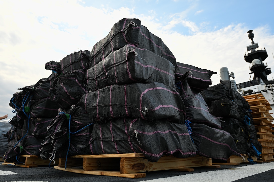 Bales of illegal narcotics are offloaded by crewmembers of Coast Guard Cutter James in Port Everglades, April 9, 2025. James’ crew offloaded more than 44,550 pounds of cocaine and 3,880 pounds of marijuana valued at approximately $509.9 million intercepted in the international waters of the Eastern Pacific Ocean. (Coast Guard photo by Petty Officer 3rd Class Jessica Walker)