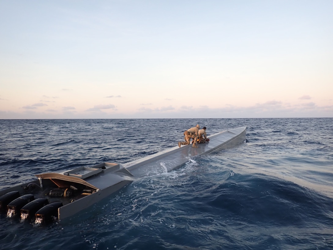 Coast Guard Cutter James law enforcement officers boarded a low profile suspected drug smuggling vessel in the Eastern Pacific Ocean, Jan. 7, 2025. The crew of U.S. Coast Guard Cutter James offloaded more than 44,550 pounds of cocaine and 3,880 pounds of marijuana valued at approximately $509.9 million in Port Everglades, April 9, 2025. (U.S. Coast Guard photo)
