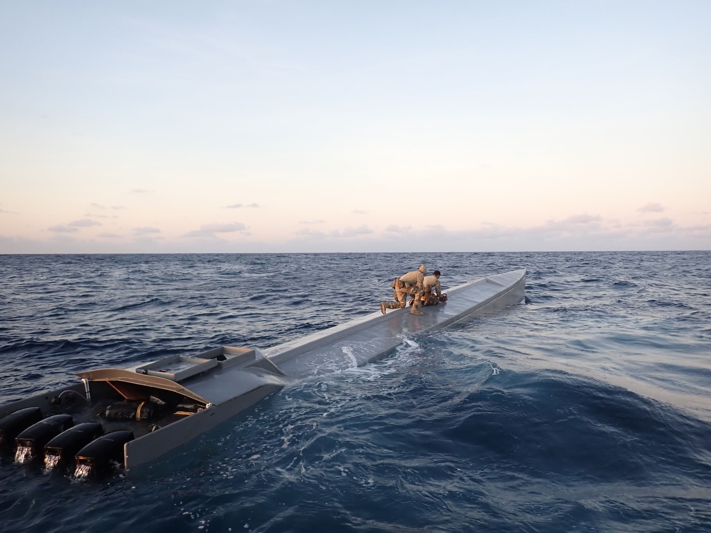 Coast Guard Cutter James law enforcement officers boarded a low profile suspected drug smuggling vessel in the Eastern Pacific Ocean, Jan. 7, 2025. The crew of U.S. Coast Guard Cutter James offloaded more than 44,550 pounds of cocaine and 3,880 pounds of marijuana valued at approximately $509.9 million in Port Everglades, April 9, 2025. (U.S. Coast Guard photo)