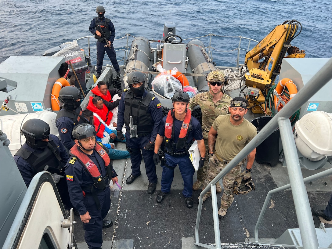 Coast Guard Cutter James crew member pose for a photo with international partners in the Eastern Pacific Ocean, Feb. 3, 2025. The crew of U.S. Coast Guard Cutter James offloaded more than 44,550 pounds of cocaine and 3,880 pounds of marijuana valued at approximately $509.9 million in Port Everglades, April 9, 2025. (U.S. Coast Guard photo)